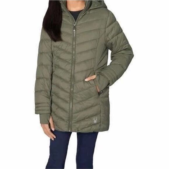 Spyder Boundless Hooded Full Zip Puffer Parka Jacket Youth XL Womens XS Olive - Picture 10 of 16